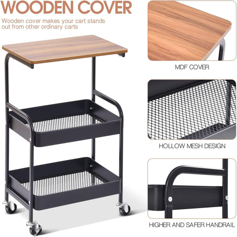 Carro de Utilidad de 3 Niveles TOOLF con Tapete de Madera - Estructura Metálica Resistente, Ruedas Bloqueables y Almacenamiento Adicional - Carrito Organizador Negro Versátil para Cocina, Oficina, Aula, Carrito de Almacenamiento Rodante
