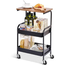 Carro de Utilidad de 3 Niveles TOOLF con Tapete de Madera - Estructura Metálica Resistente, Ruedas Bloqueables y Almacenamiento Adicional - Carrito Organizador Negro Versátil para Cocina, Oficina, Aula, Carrito de Almacenamiento Rodante