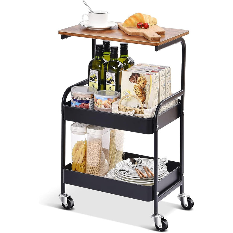 Carro de Utilidad de 3 Niveles TOOLF con Tapete de Madera - Estructura Metálica Resistente, Ruedas Bloqueables y Almacenamiento Adicional - Carrito Organizador Negro Versátil para Cocina, Oficina, Aula, Carrito de Almacenamiento Rodante