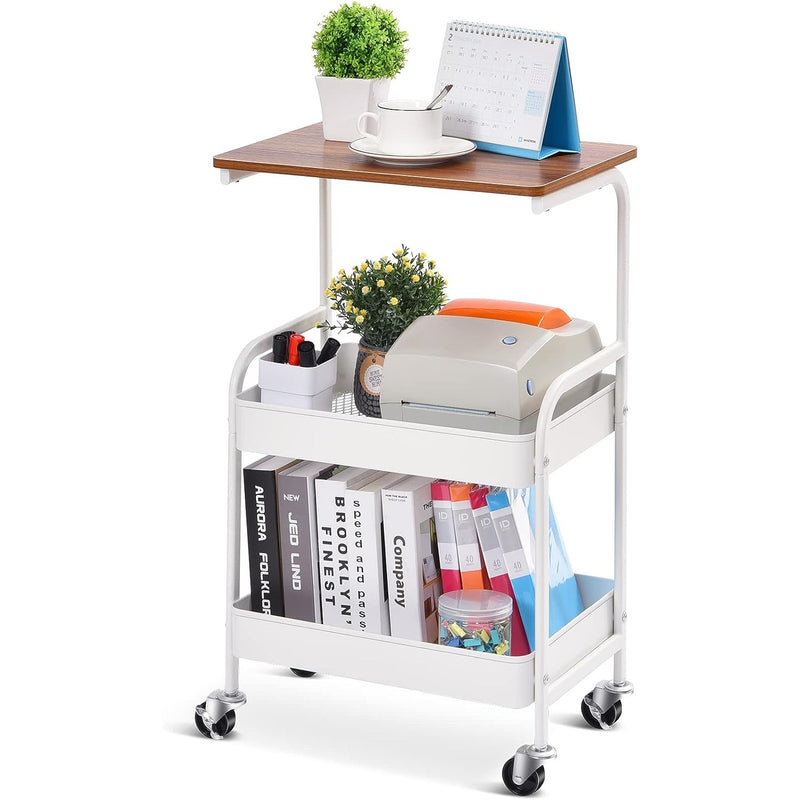 Carro de Utilidad de 3 Niveles TOOLF con Tapete de Madera - Estructura Metálica Resistente, Ruedas Bloqueables y Almacenamiento Adicional - Carrito Organizador Negro Versátil para Cocina, Oficina, Aula, Carrito de Almacenamiento Rodante