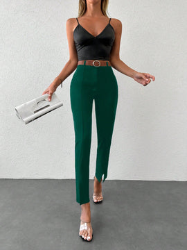 Pantalones unicolor bajo con abertura con cinturon