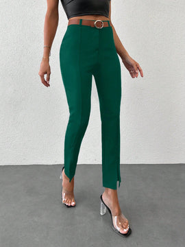 Pantalones unicolor bajo con abertura con cinturon