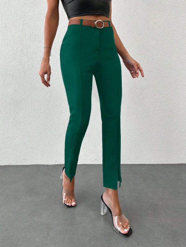 Pantalones unicolor bajo con abertura con cinturon