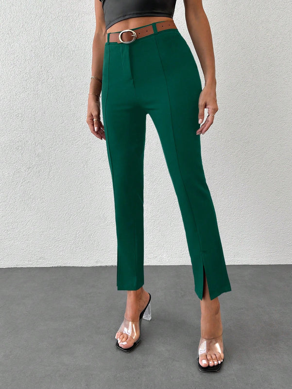 Pantalones unicolor bajo con abertura con cinturon
