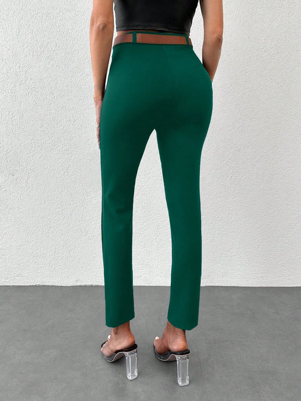 Pantalones unicolor bajo con abertura con cinturon