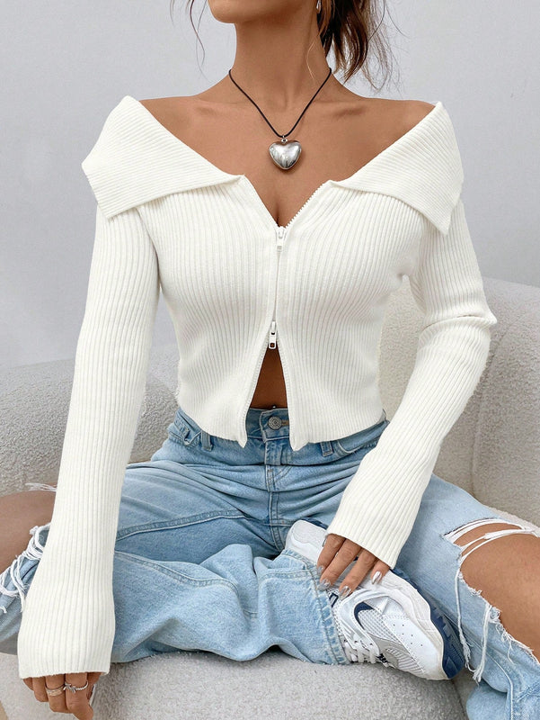 Ezwear chaqueta tipo cardigan de ajuste cenido con hombros descubiertos y cremallera