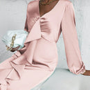 Vestido ribete con fruncido de manga farol ribete con fruncido con fruncido delantero de muslo con abertura