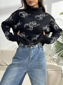 EZwear Jersey de cuello tortuga de hombros caidos con patron de arana