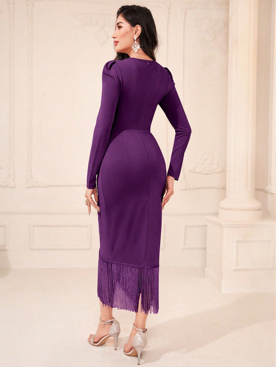 Modely Vestido ajustado de manga farol ribete con fleco fruncido bajo cruzado