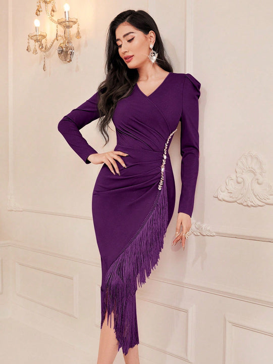 Modely Vestido ajustado de manga farol ribete con fleco fruncido bajo cruzado