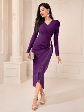 Modely Vestido ajustado de manga farol ribete con fleco fruncido bajo cruzado