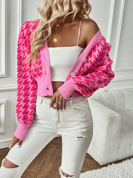 Essnce cardigan casual de mujer con botones y mangas de farol, dobladillo ancho y estampado de pata de gallo
