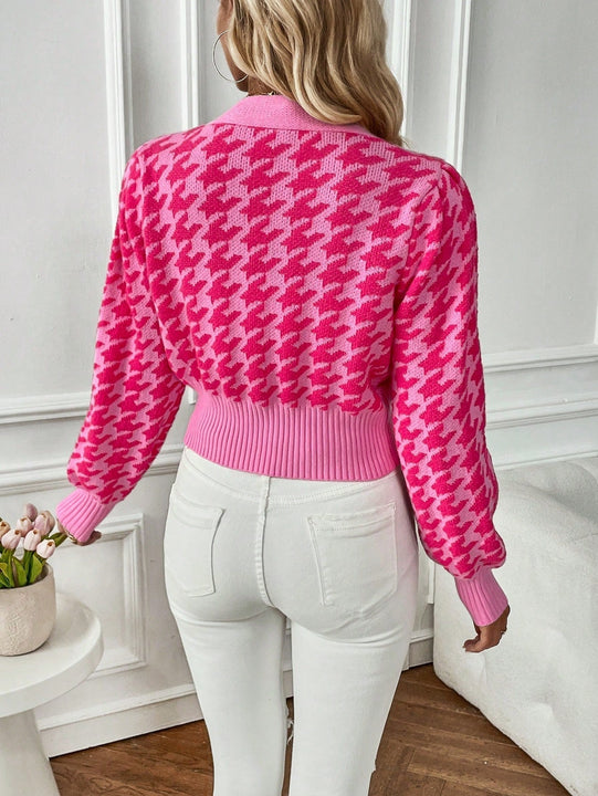 Essnce cardigan casual de mujer con botones y mangas de farol, dobladillo ancho y estampado de pata de gallo