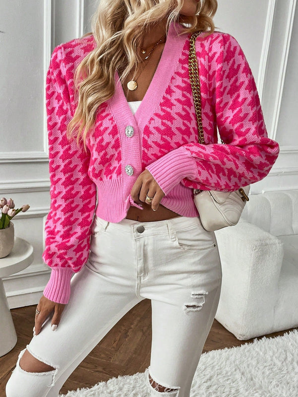 Essnce cardigan casual de mujer con botones y mangas de farol, dobladillo ancho y estampado de pata de gallo