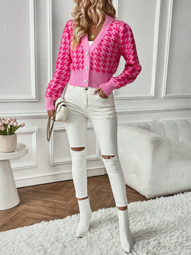 Essnce cardigan casual de mujer con botones y mangas de farol, dobladillo ancho y estampado de pata de gallo