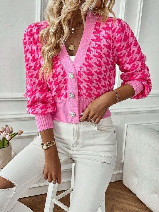 Essnce cardigan casual de mujer con botones y mangas de farol, dobladillo ancho y estampado de pata de gallo