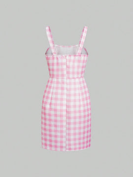 MOD Vestido de tirantes con estampado de guingan aplique bajo con abertura