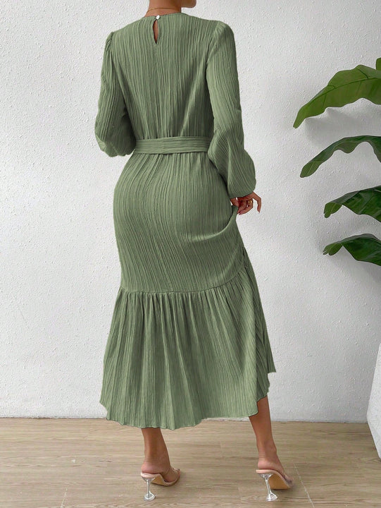 Vestido con cinturon de manga farol bajo con fruncido