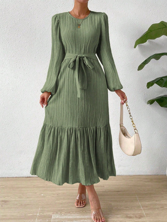 Vestido con cinturon de manga farol bajo con fruncido