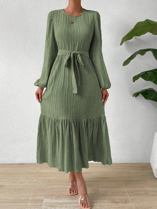 Vestido con cinturon de manga farol bajo con fruncido