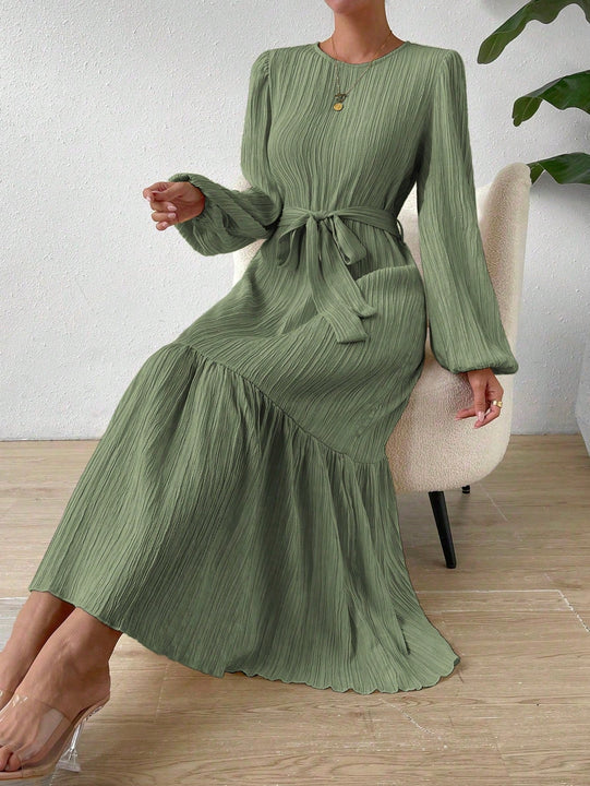 Vestido con cinturon de manga farol bajo con fruncido