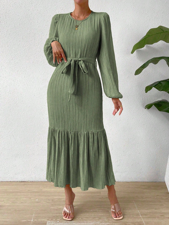 Vestido con cinturon de manga farol bajo con fruncido