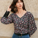 Frenchy Blusa con lazo en la espalda y encaje en contraste con estampado floral de florecitas