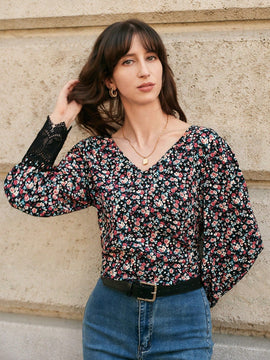 Frenchy Blusa con lazo en la espalda y encaje en contraste con estampado floral de florecitas