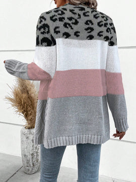 Lune cardigan casual de mujer con estampado de leopardo, parches y manga larga con un solo abotonamiento, para otono/invierno