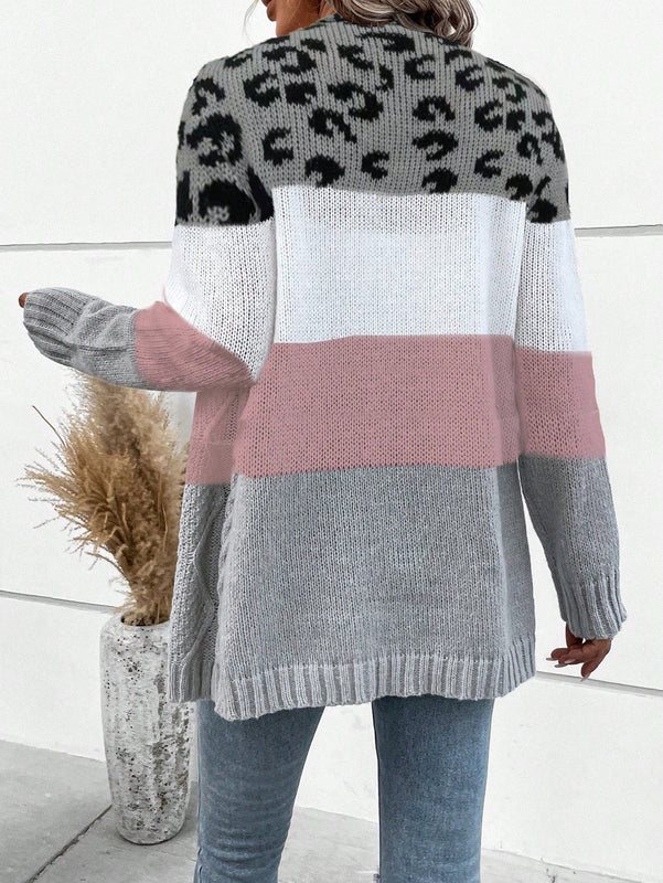 Lune cardigan informal de uso diario con parche de estampado de leopardo y botones adelante, apto para otono/invierno