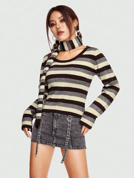 ROMWE Grunge Punk Jersey con patron de rayas con panuelo