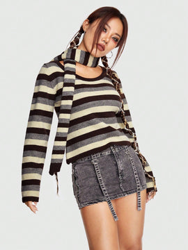 ROMWE Grunge Punk Jersey con patron de rayas con panuelo