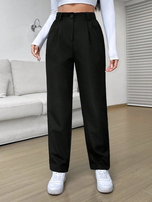 EZwear Pantalones De Pierna Recta Con Cintura Alta