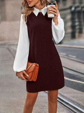 Vestido camisero 2 en 1 con manga farol en dos tonos