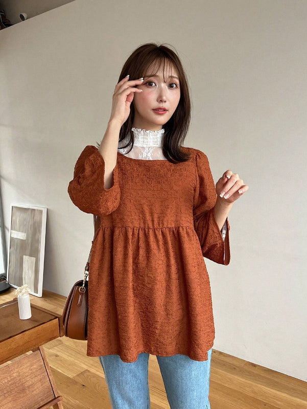 FRIFUL Blusa peplum con mangas con volante y encaje en contraste de jacquard