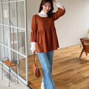 FRIFUL Blusa peplum con mangas con volante y encaje en contraste de jacquard