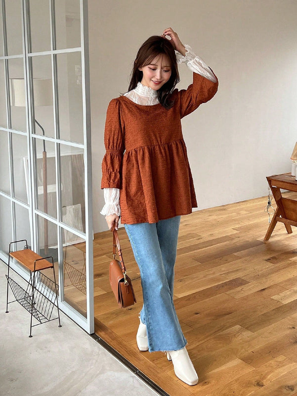 FRIFUL Blusa peplum con mangas con volante y encaje en contraste de jacquard