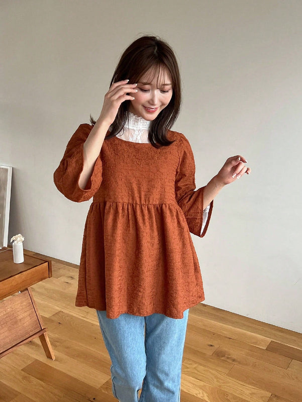 FRIFUL Blusa peplum con mangas con volante y encaje en contraste de jacquard