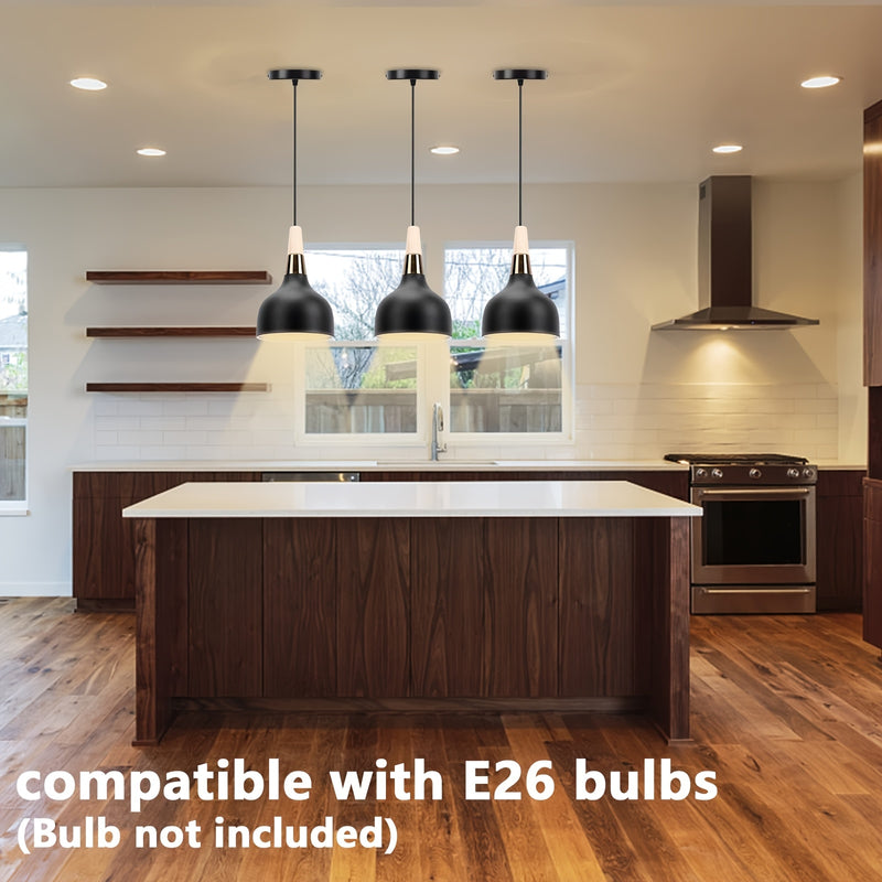Lámpara colgante moderna de metal negro con domo de madera - Altura ajustable, montaje semiempotrado, candelabro desmontable para isla de cocina, comedor, pasillo, vestíbulo, dormitorio - No incluye bombilla, iluminación de cocina | Acabado metálico eleg