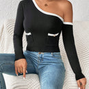 Prive Jersey ribete en contraste de cuello asimetrico con parche de bolsillo