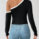 Prive Jersey ribete en contraste de cuello asimetrico con parche de bolsillo