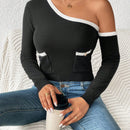 Prive Jersey ribete en contraste de cuello asimetrico con parche de bolsillo