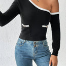 Prive Jersey ribete en contraste de cuello asimetrico con parche de bolsillo