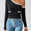 Prive Jersey ribete en contraste de cuello asimetrico con parche de bolsillo