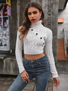 EZwear Jersey crop cuello alto con diseno de boton tejido de cable de hombros caidos