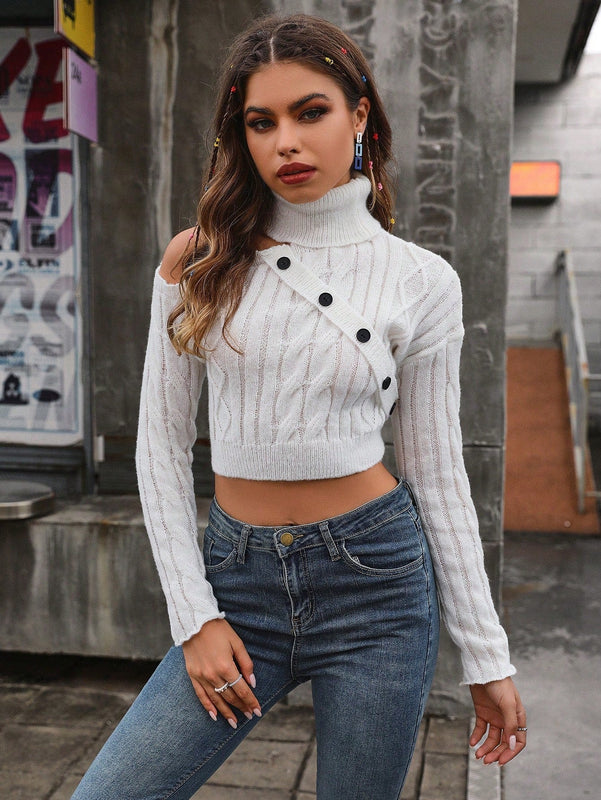 EZwear Jersey crop cuello alto con diseno de boton tejido de cable de hombros caidos