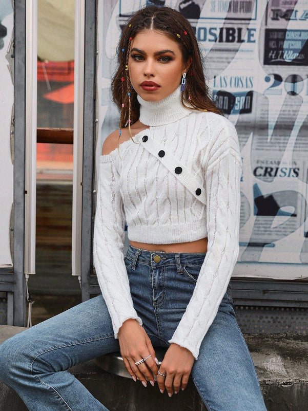 EZwear Jersey crop cuello alto con diseno de boton tejido de cable de hombros caidos