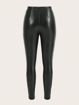 Pantalones pitillo de cuero PU con detalle de botones