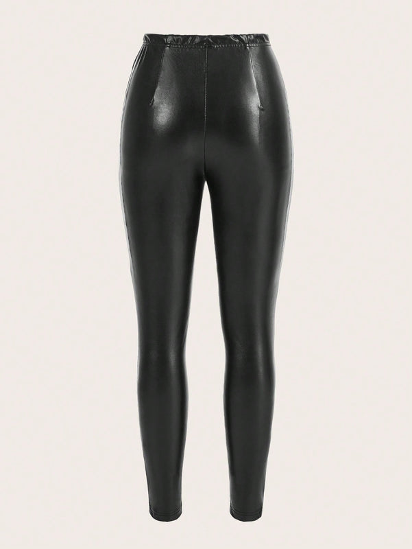 Pantalones pitillo de cuero PU con detalle de botones