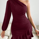 SXY Vestido ajustado de manga farol de un hombro fruncido bajo con fruncido